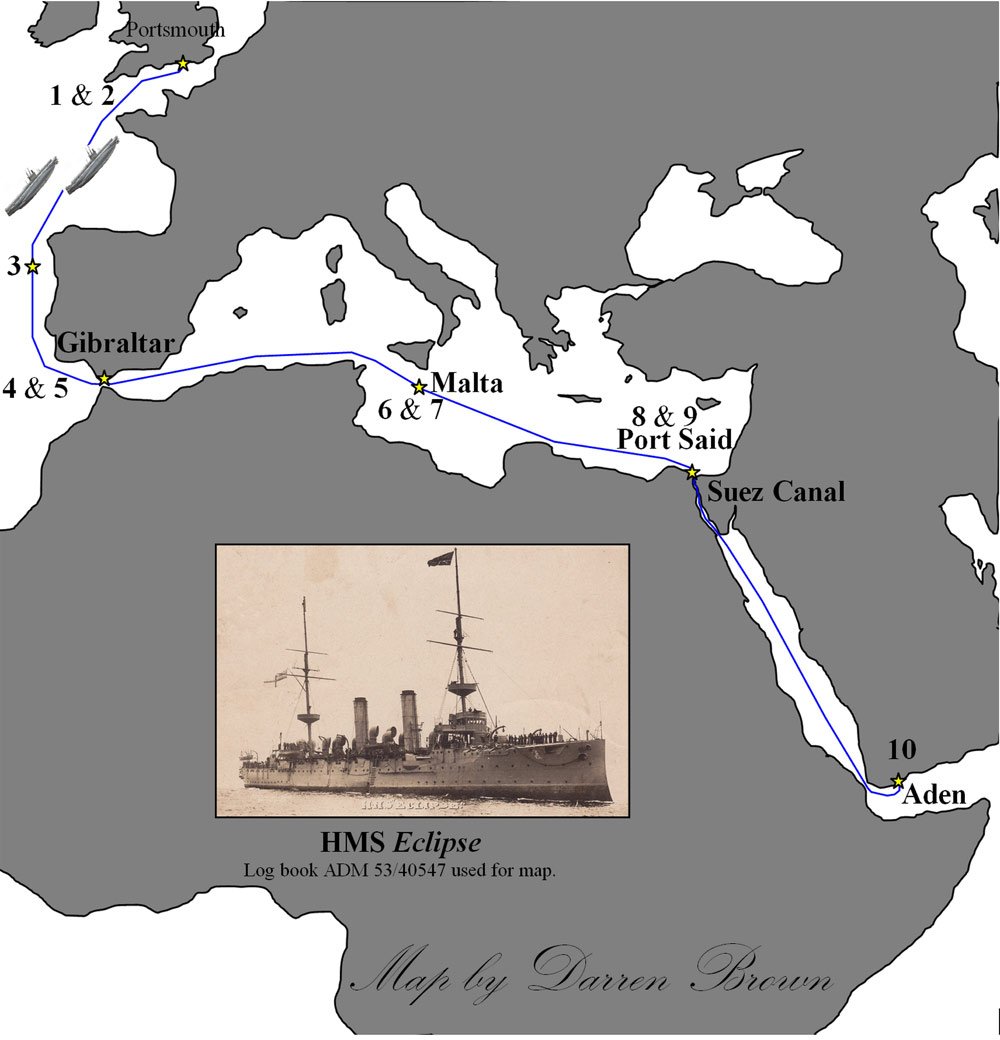 AE1 AE2 passage from Portsmouth to Aden 1914 - a map drawn by Darren Brown for "Australian Submarines a History" by Michael White