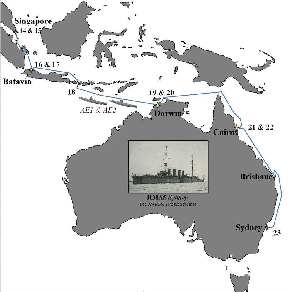 AE1 AE2 passage from Singapore to Sydney. A map prepared by Darren Brown for "Australian Submarines, A History" by Michael White.