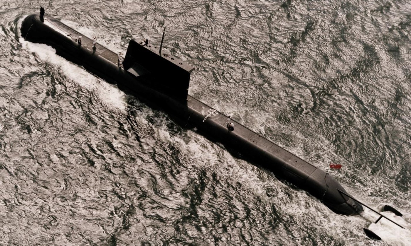 HMAS Collins underway on the surface near Cockburn Sound.
