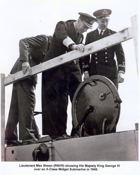 Lieutenant Max Shean DSO*, US Bronze Star showing an X-Craft to King George VI